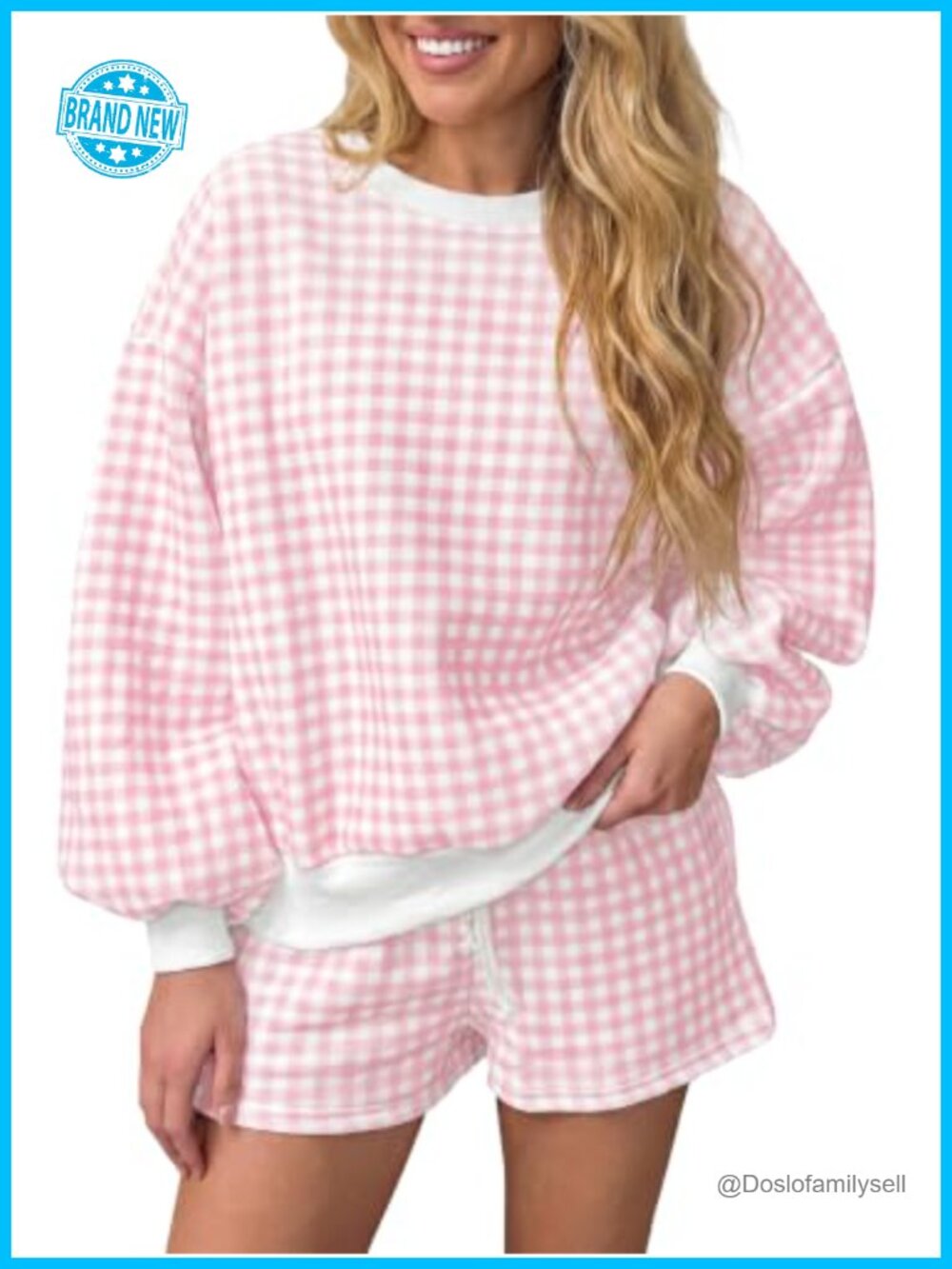 Gingham 2 Piece Lounge Set Sweatshirt Shorts High Waisted